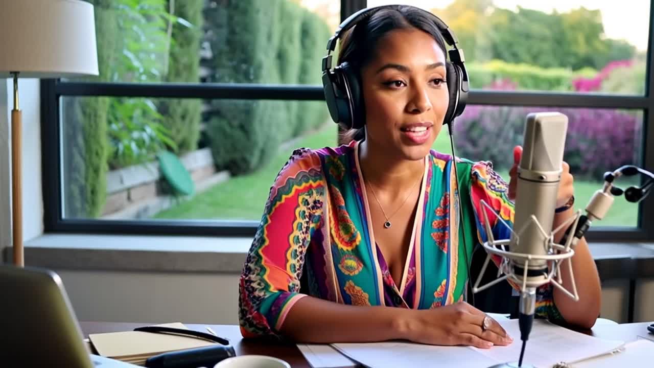 A woman wearing headphones is recording a podcast