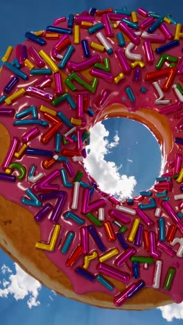 giant donut with pink icing and colorful sprinkles floating in a sunny blue sky over generic buildings, creating a surreal and whimsical scene