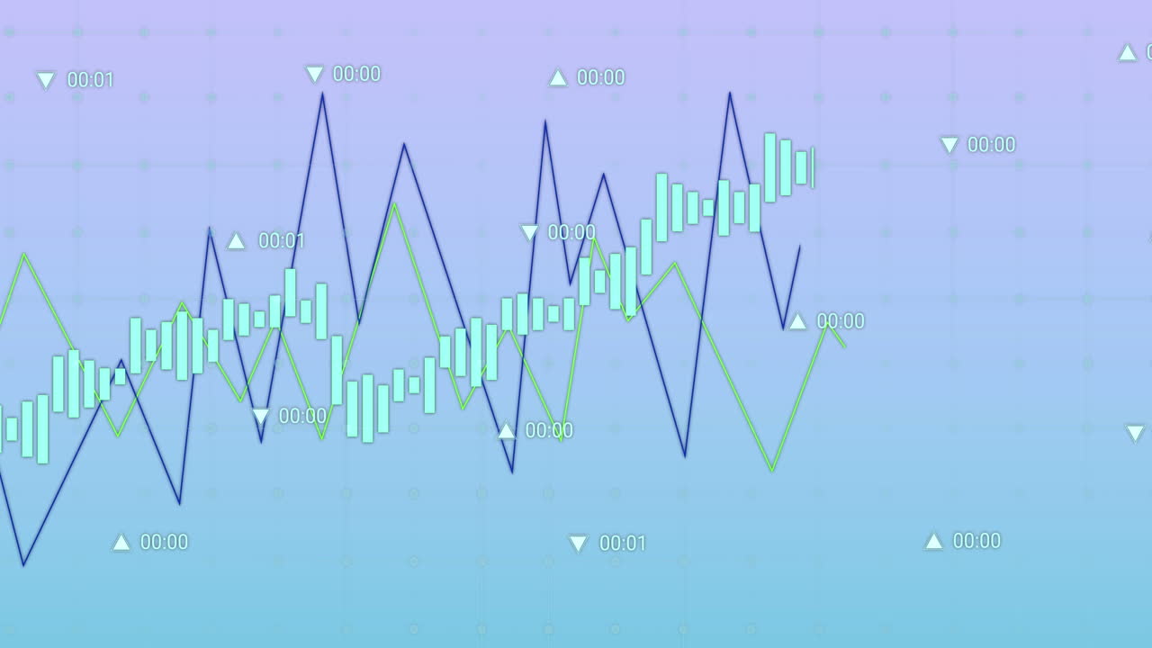 파란색 배경에 변화하는 숫자를 가진 여러 그래프의 애니메이션