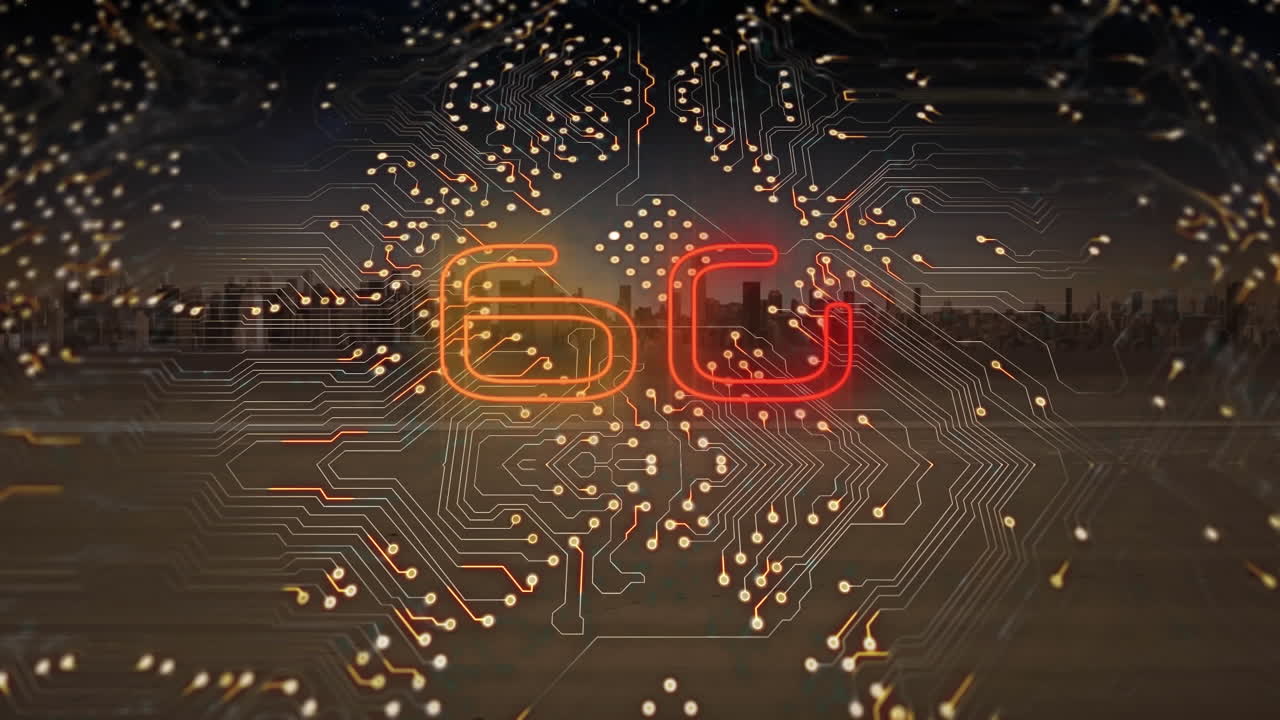 Animation of 6g text, cityscape and connections