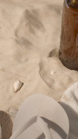 해경, 선글라스, 모자, 플립플롭, 바가에서 차가운 맥주, 모래 위의 수건의 수직 여름 휴가 개념