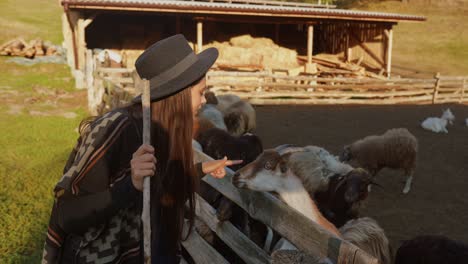 woman interacting with goats and sheep on a farm