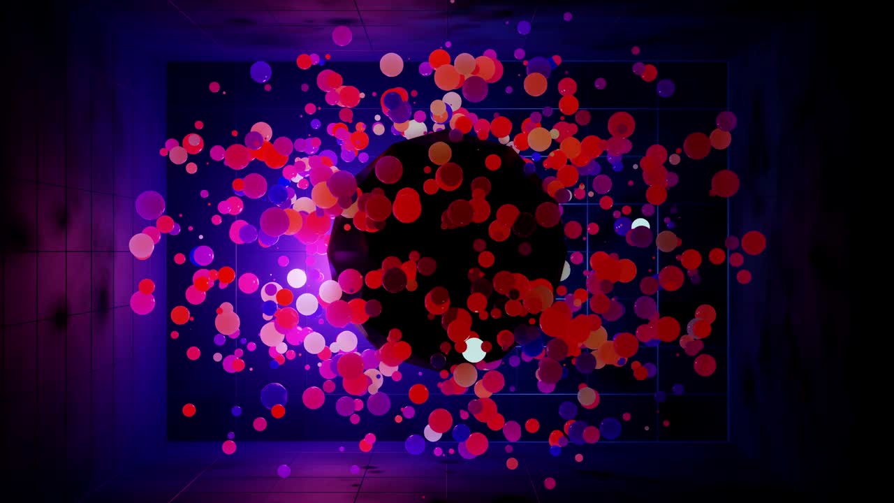 Abstract composition of colorful balls in air, which randomly light up and reflect in each other. Multicolored spheres in air as simple geometric dark background with light effects in dark room.