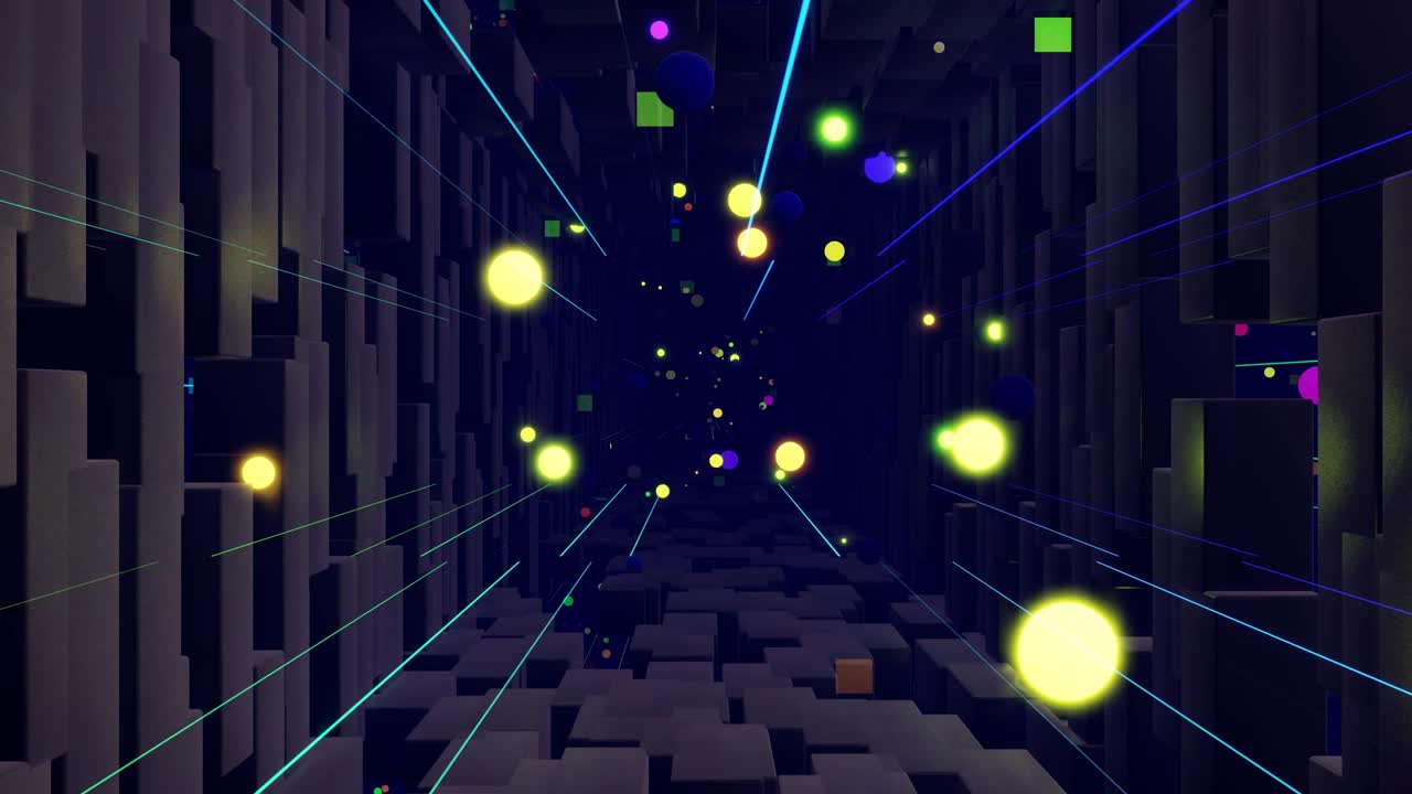 정보 기술 개념: 우주 장면: 파란색, 어두운 sf, 터널 네온 조명처럼 기술 디지털 공간을 날아다니며, 블록체인 또는 빅데이터에서 하이테크 정보 흐름: 3d 루프 모션 디자인