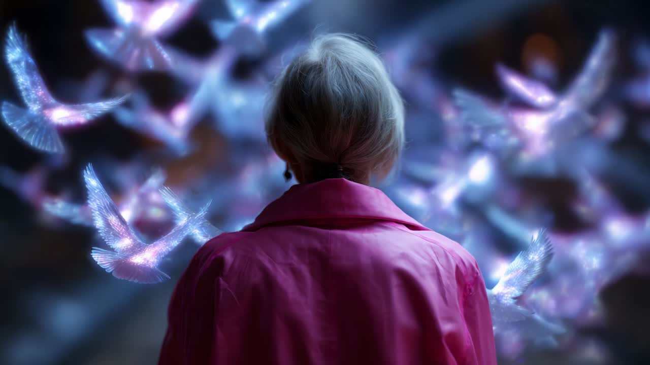 In a dreamlike moment, a solitary figure clad in a vibrant pink coat gazes at a mesmerizing flock of ethereal birds, illuminated by soft hues, evoking feelings of wonder, tranquility, and exploration in a surreal landscape