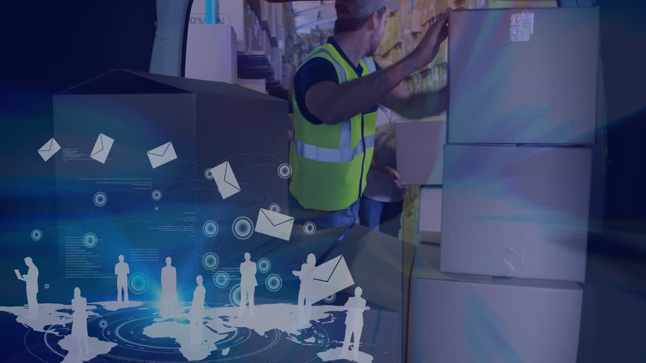 composición de almacén hombre empacando cajas en una furgoneta combinado con ilustración de volar l