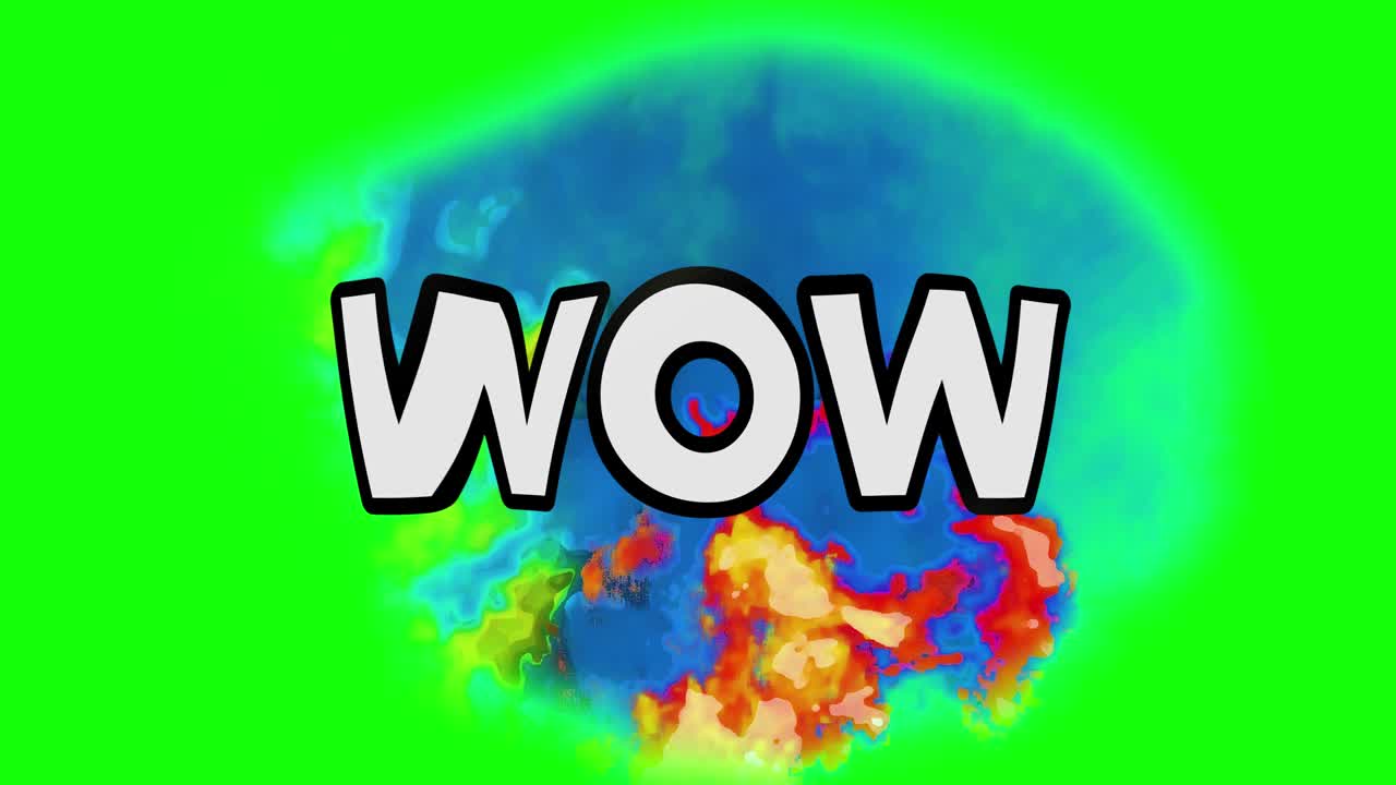 폭발 모양의 만화 스트립 연설 만화 애니메이션. 단어: 와우, 녹색 배경