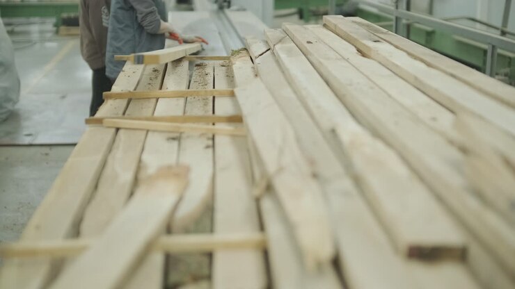 Operaio che spazza via la segatura dalle tavole di legno in una segheria