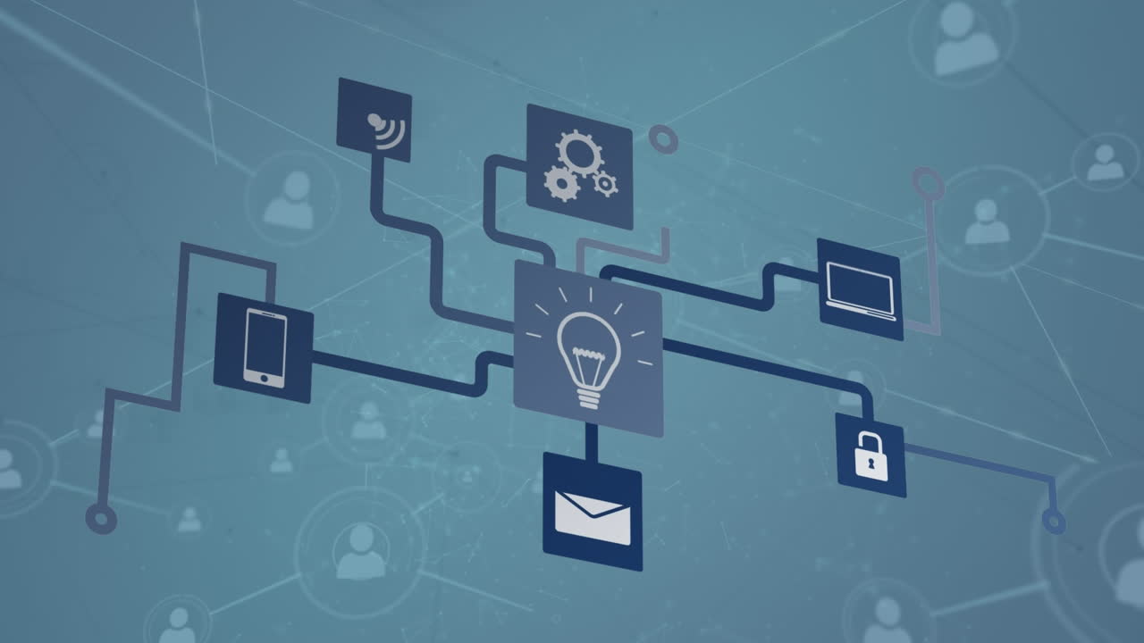 animación de la red de conexiones con iconos sobre fondo azul