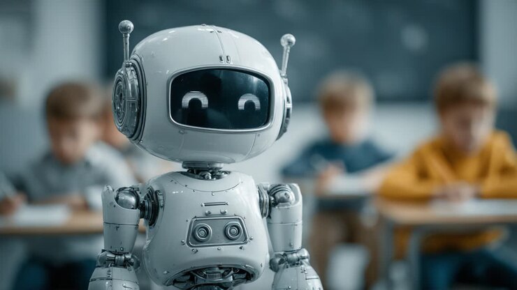 Un simpatico robot scolastico che coinvolge gli studenti in un ambiente di apprendimento, stimolando la curiosità e la creatività con il suo design accattivante e le funzionalità interattive