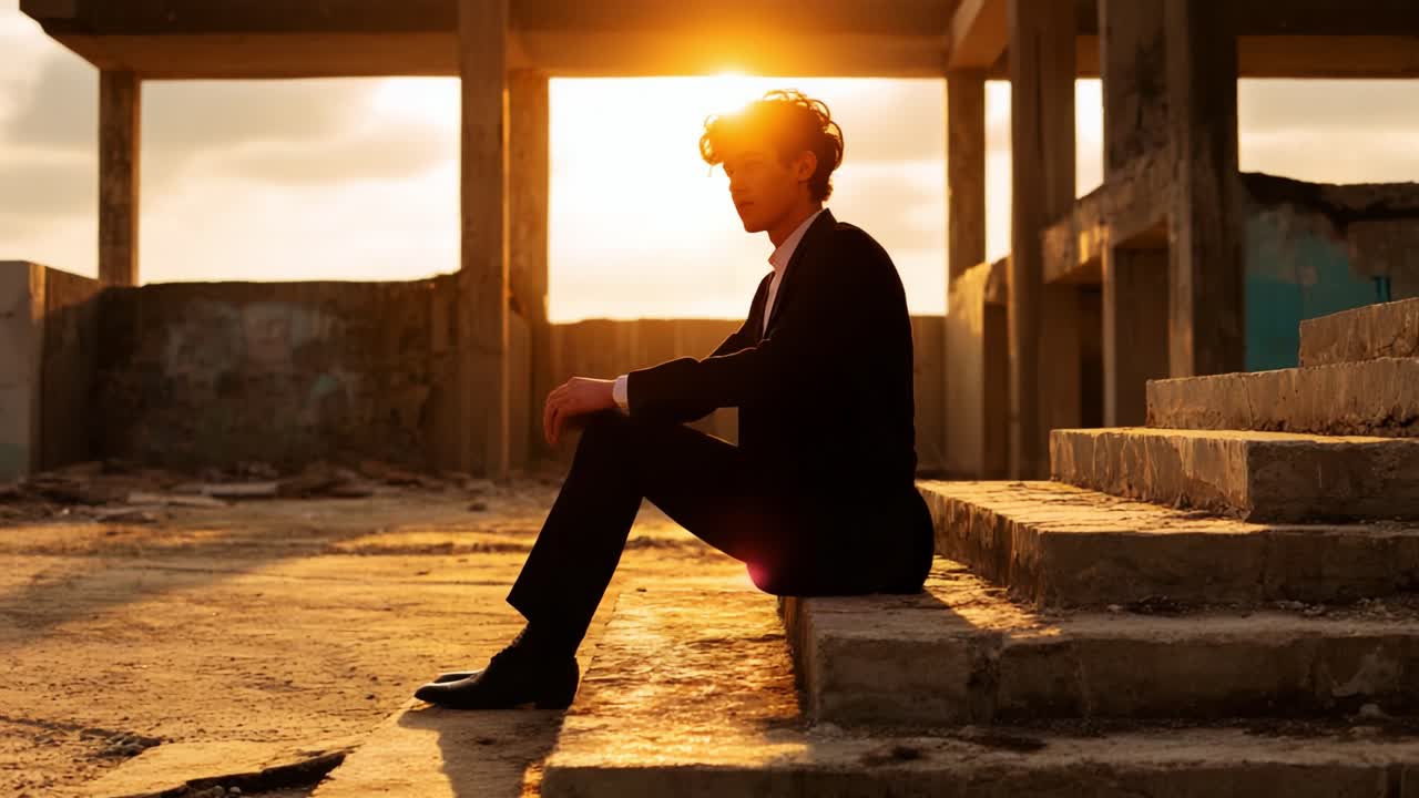 A Pensive Figure Sits Alone on Crumbling Steps at Sunset, Reflecting on Life in an Abandoned Structure, Capturing the Mix of Hope and Despair in the Golden Glow of Dusk