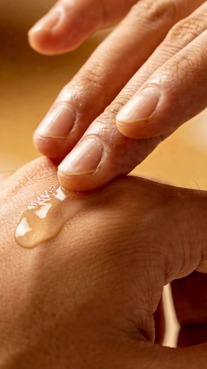 Video verticale: Dita che premono e spalmano gel trasparente sul dorso della mano per una distribuzione uniforme