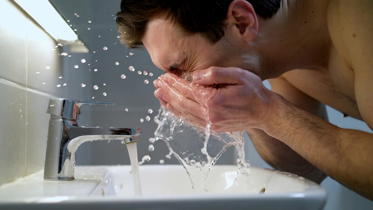 Washing shirtless man cupping water from running chrome faucet at bathroom sink, rinsing face