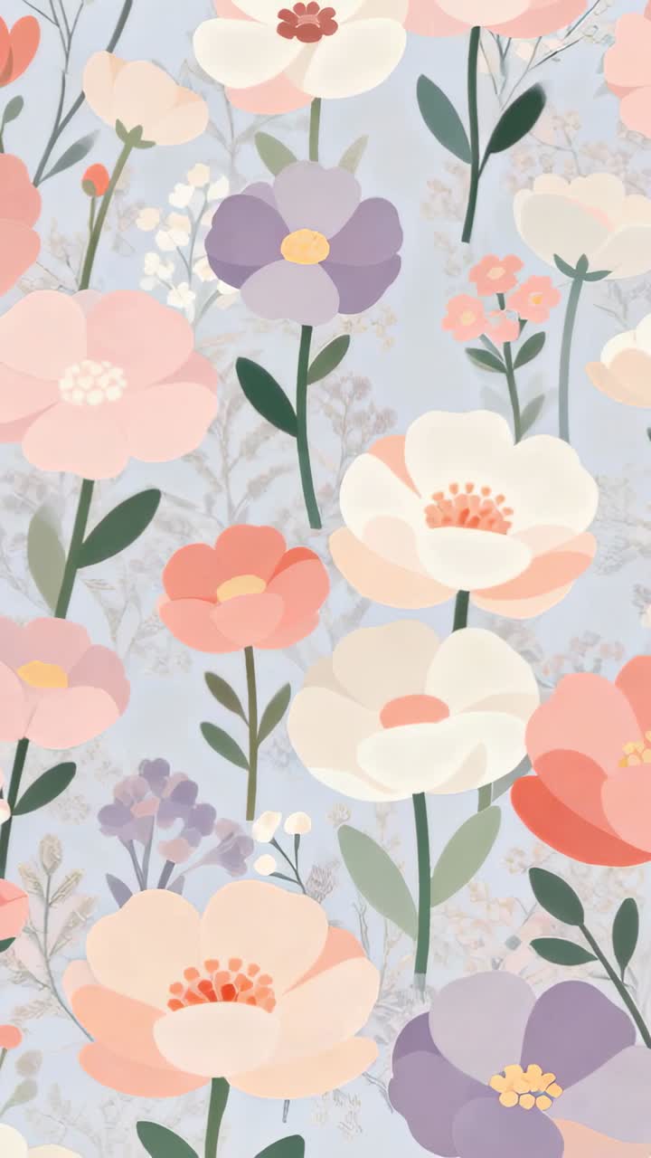 Vertical video: Shifting vertical strip showing purple five-petal flower and stems on wallpaper