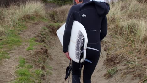 Hombre-Caminando-Hacia-El-Océano-Con-Una-Tabla-De-Surf-Y-Traje-De-Neopreno-Listo-Para-Surfear