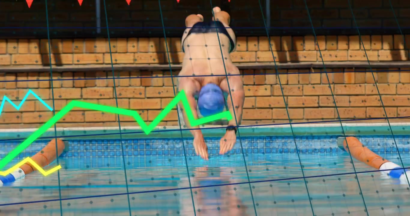 Adjusting, swimmer in cap and trunks pushing off block at lap pool for dive, overlay lines