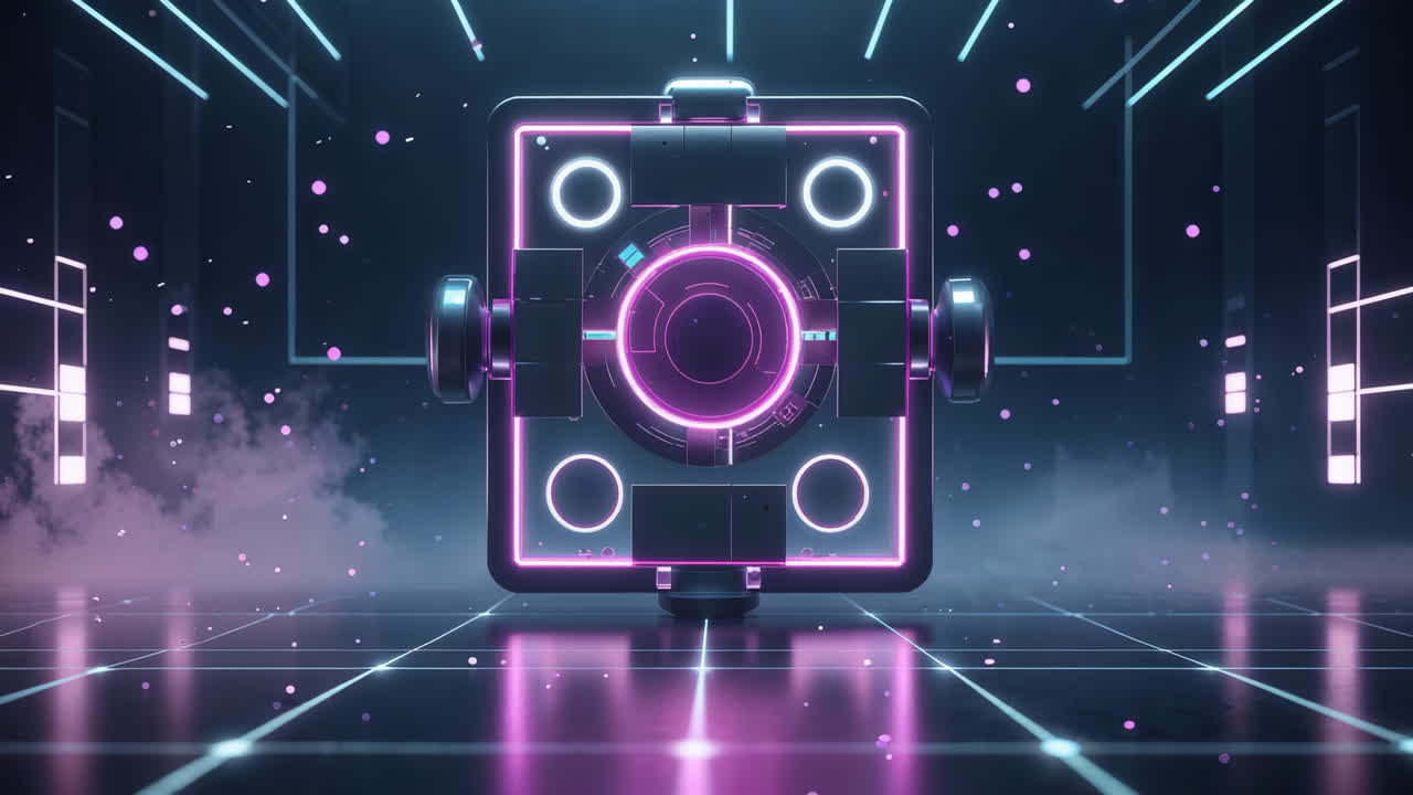 Futuristic Neon Tech Cube in Cyber Grid Environment