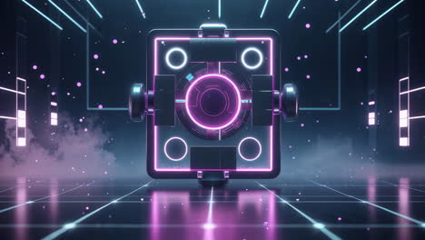 futuristic neon tech cube in cyber grid environment