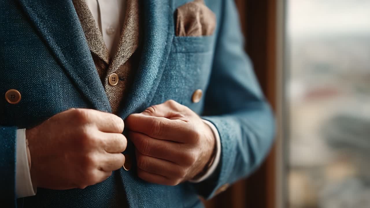 Busana Bergaya: Close-up Seorang Pria Menyesuaikan Setelan Jas yang Dibuat Khusus dengan Detail yang Elegan, Menampilkan Keanggunan dan Selera Busana di Lingkungan Modern.