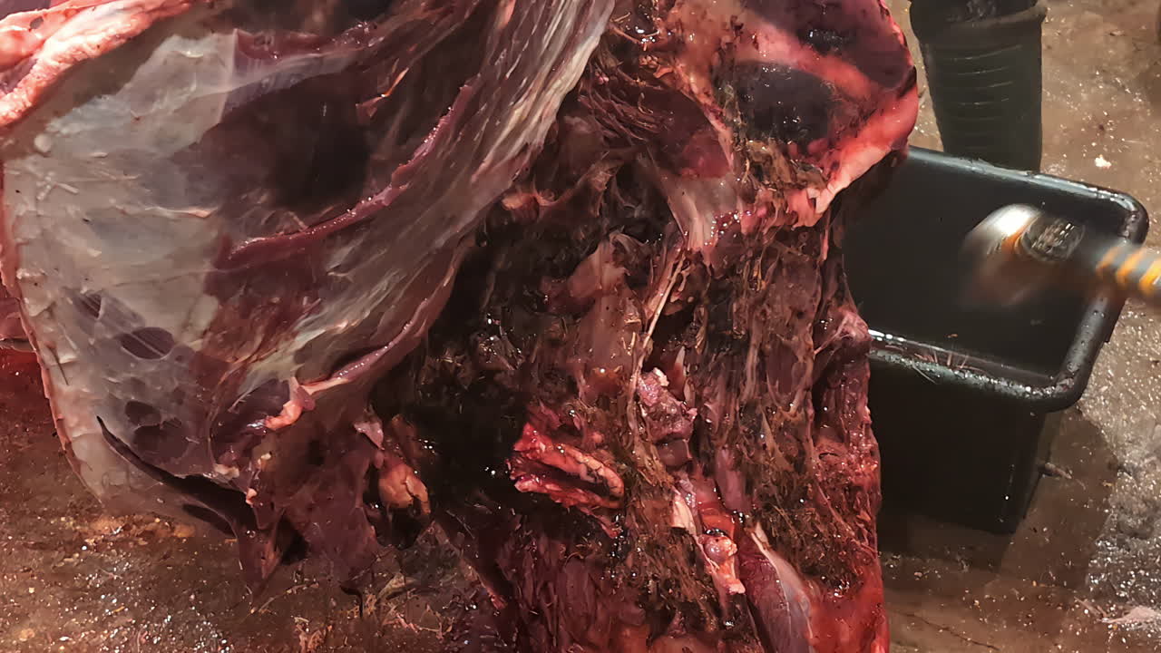 살육장에서 피를 제거하기 위해 고기 사체를 는 것