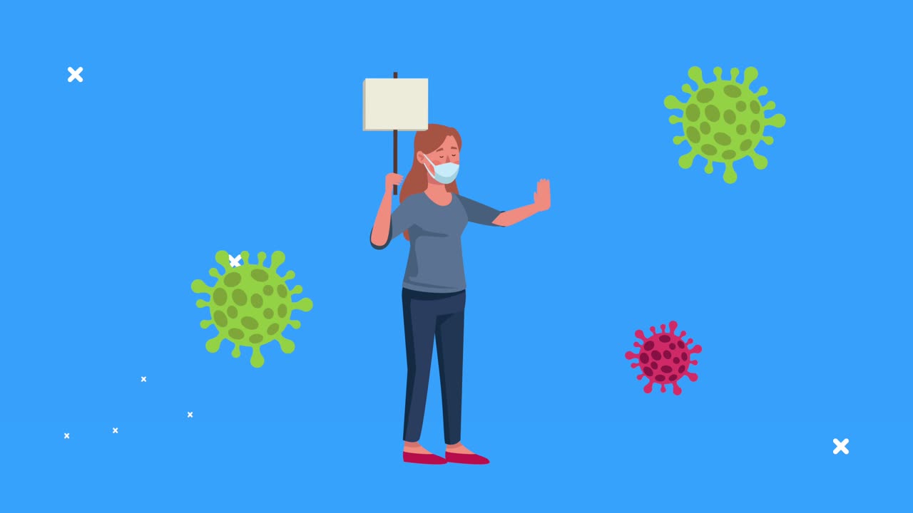 Kvinde med mundbind og protestbanner animation