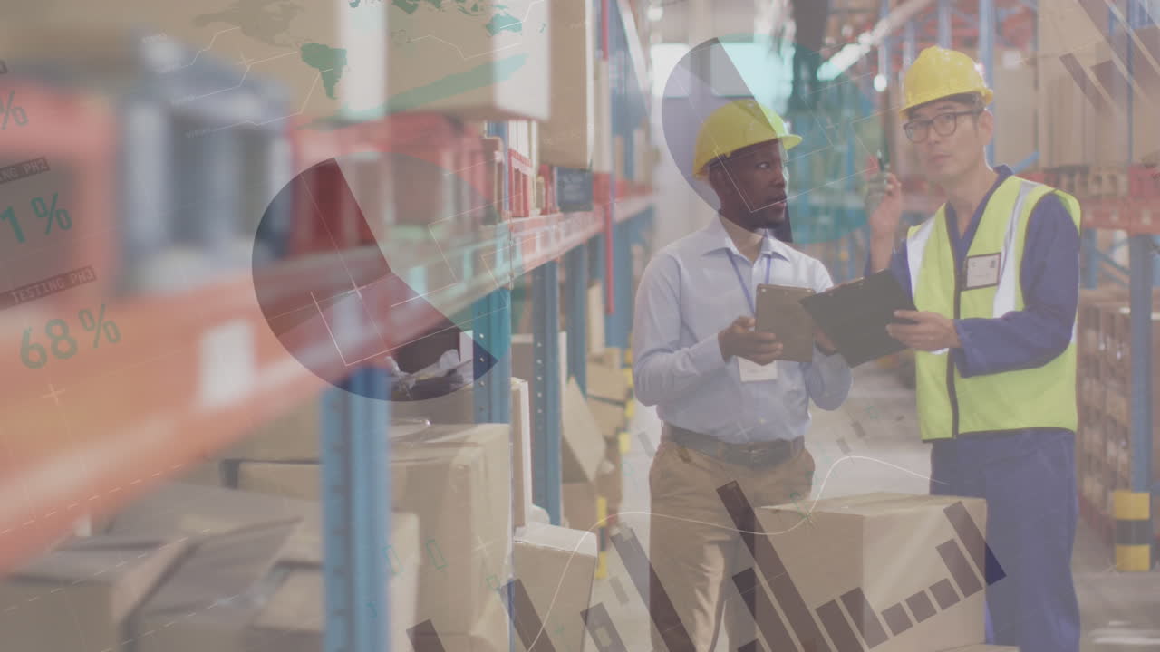 animación del procesamiento de datos financieros sobre diversas personas que trabajan en el almacén