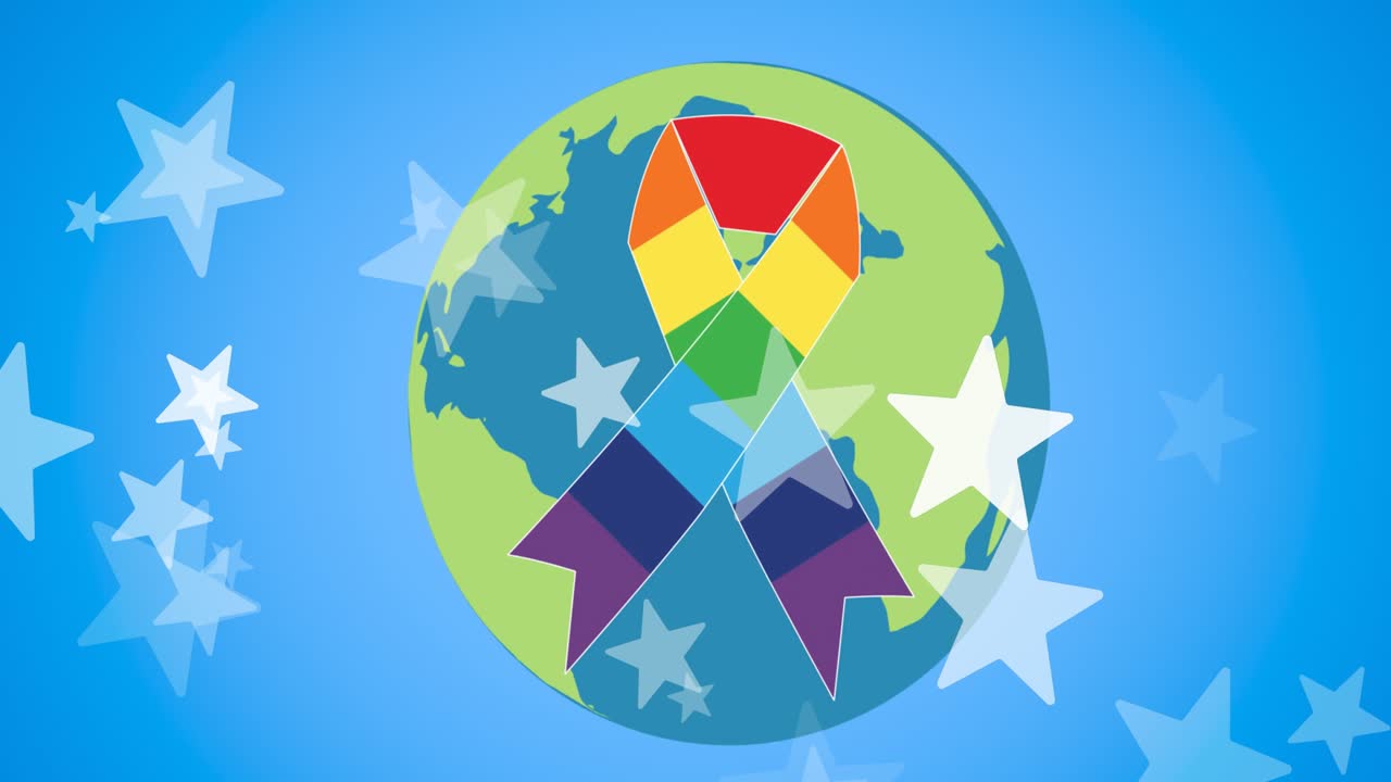 Animazione di stelle su nastro arcobaleno LGBTQ e globo su sfondo blu