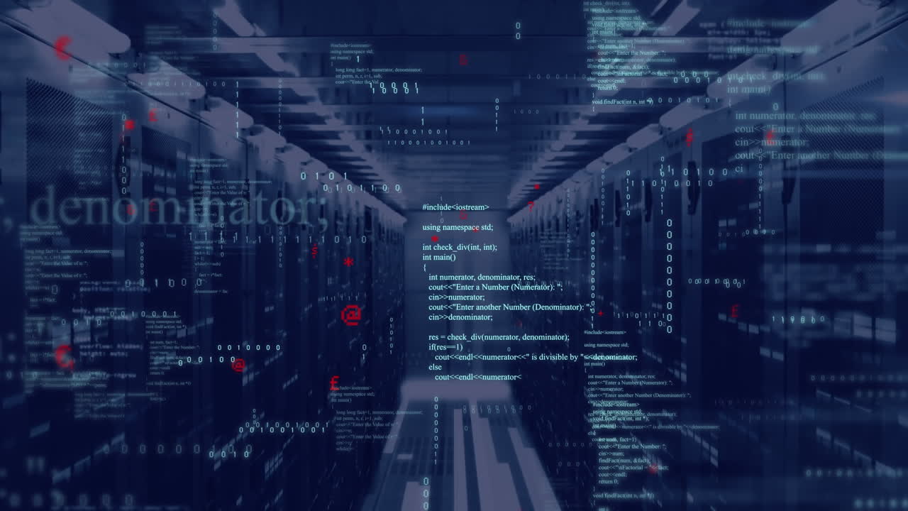 animación de lenguaje informático y códigos binarios sobre barras en bastidores de servidores de datos en la sala de servidores