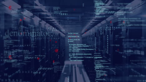 animation of computer language and binary codes over bars on data server racks in server room