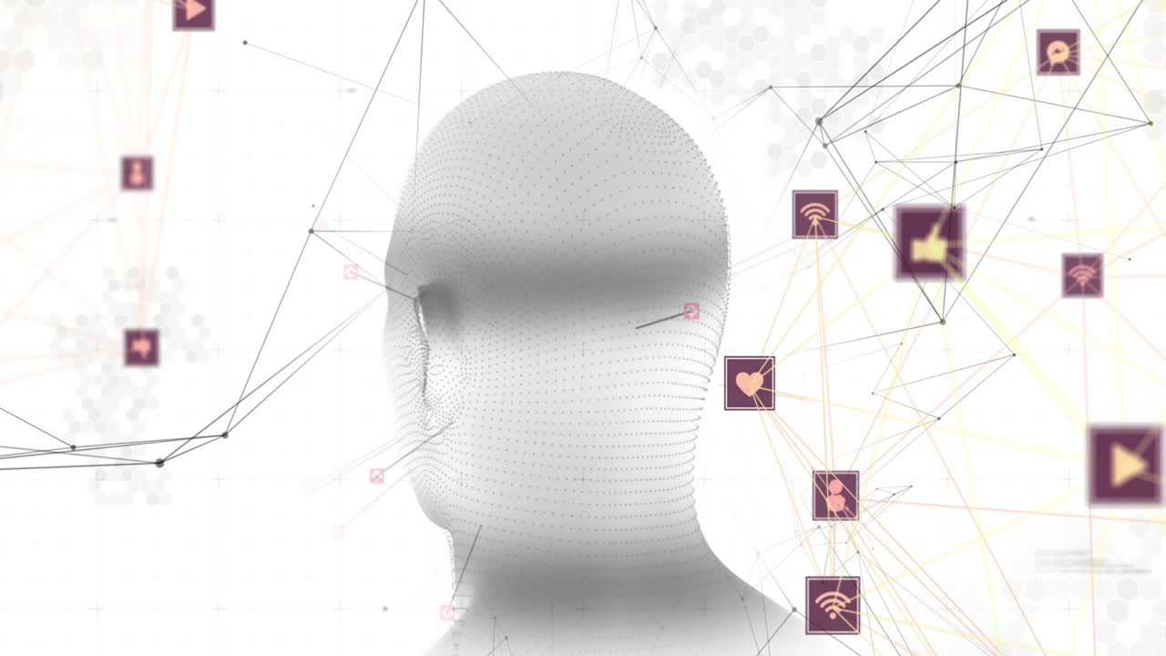 animación de la cabeza humana girando con redes de conexiones de interfaz digital