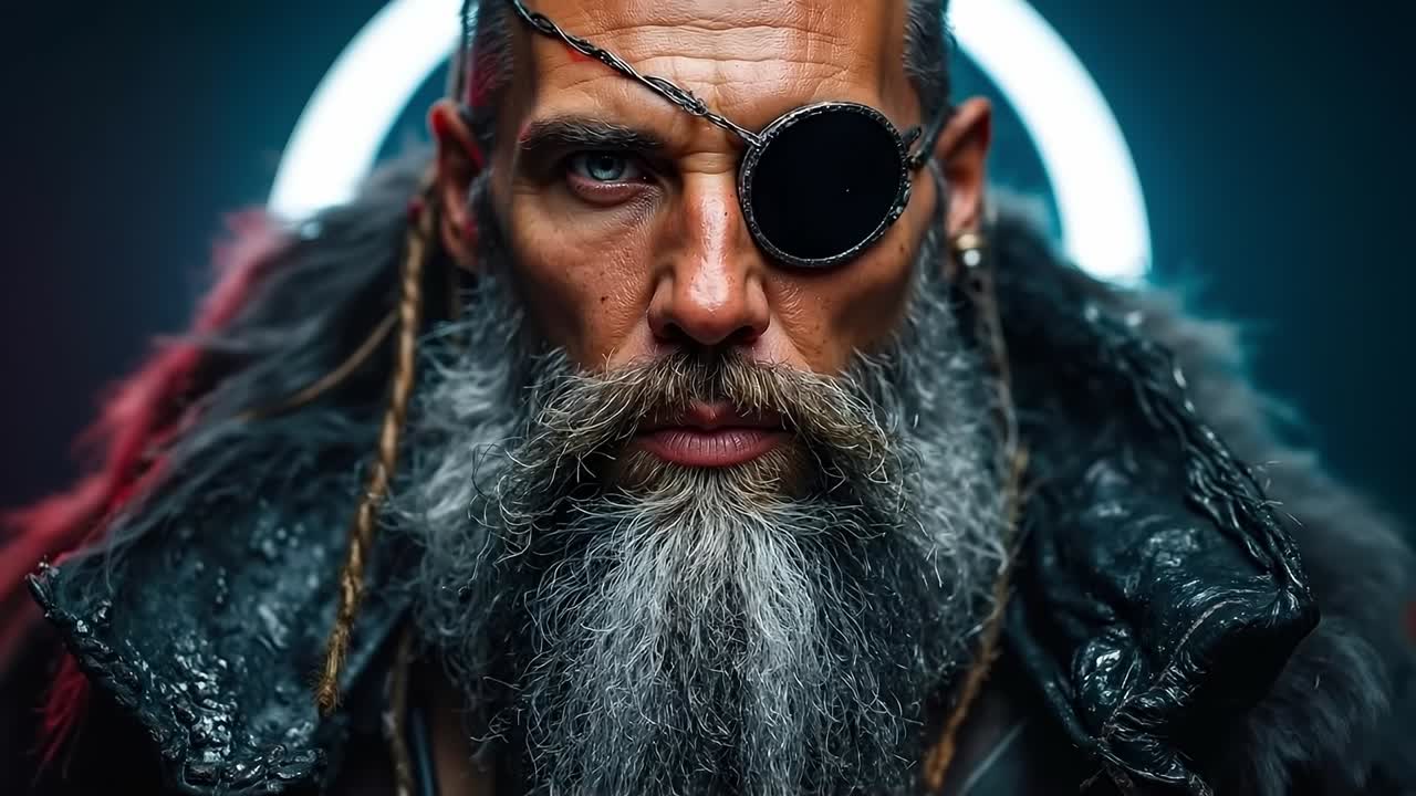 A man with a long beard wearing a pirate costume and a crescent moon