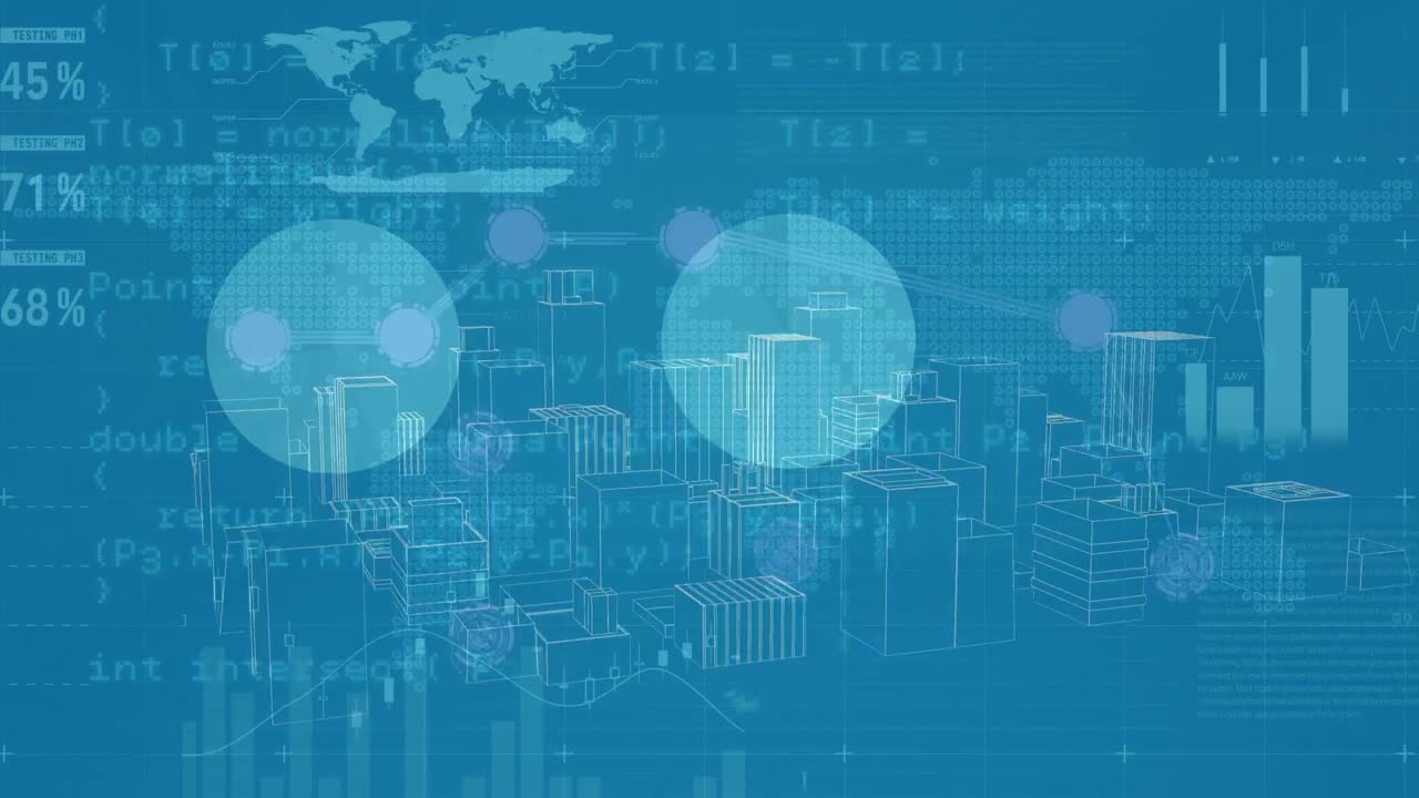 그래프, 금융 데이터 및 블루 스페이스의 메타버스 도시 애니메이션
