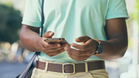 phone, time and hands of business man in city