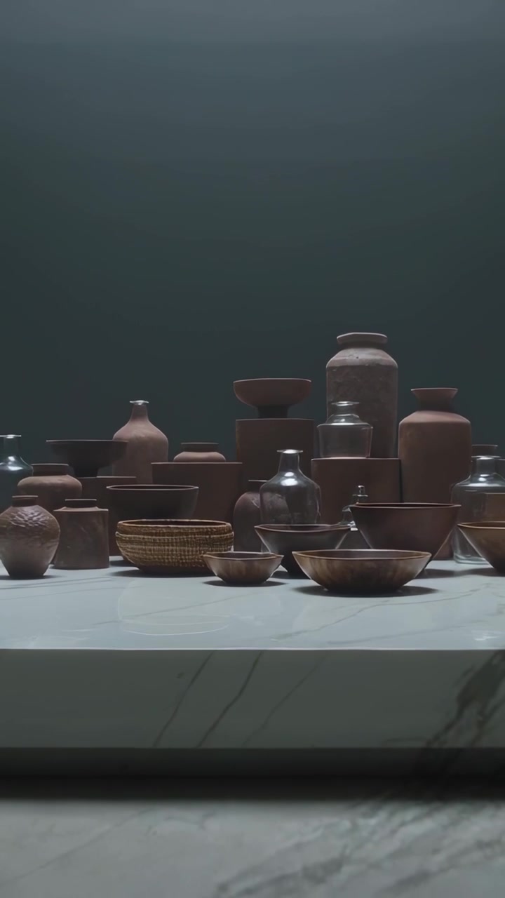 Vertical video: Pulling back camera revealing clay pots, bowls, woven basket on plinth for gallery