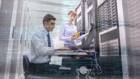 working on computer servers, it professionals with digital data processing overlaid