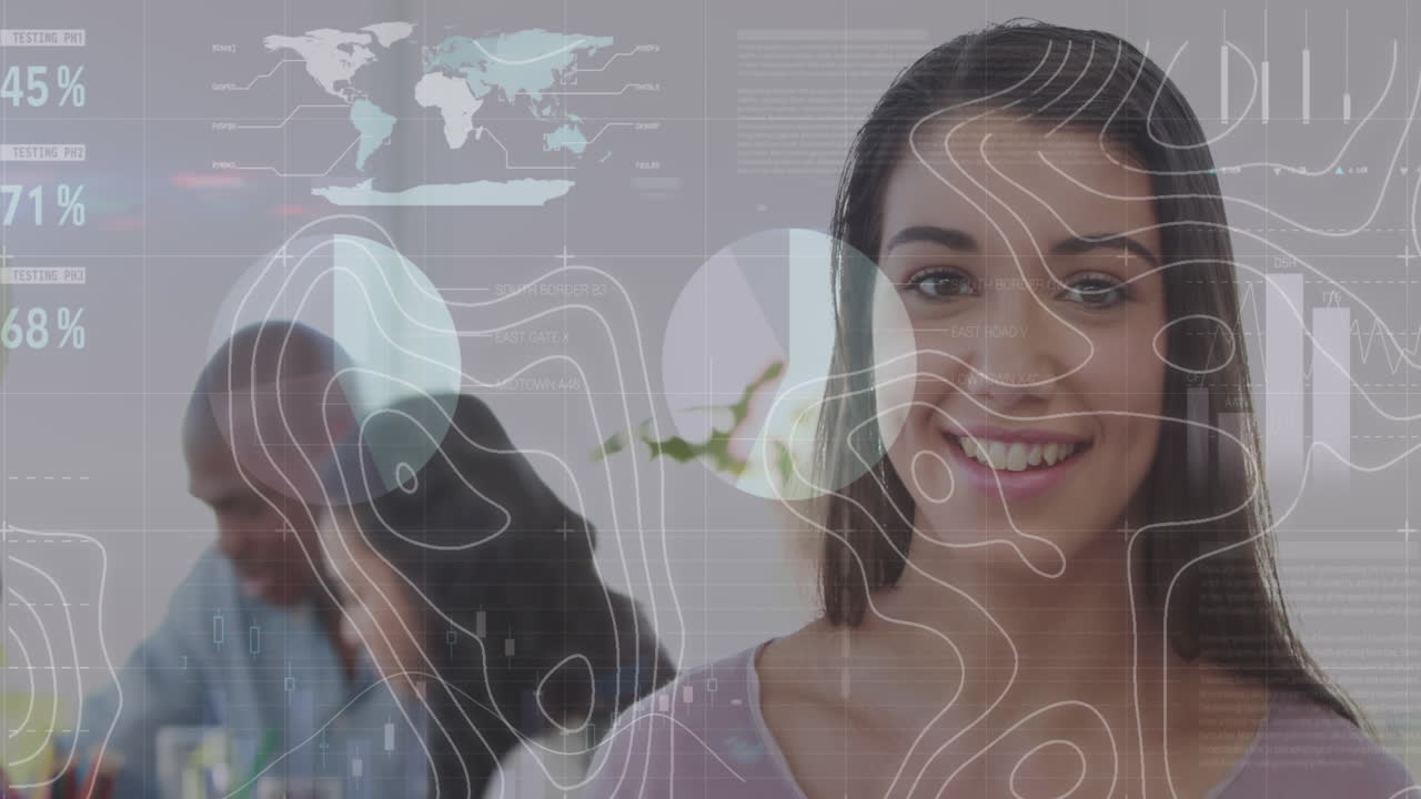 animación de líneas blancas y procesamiento de datos financieros sobre una mujer de negocios que usa una tableta