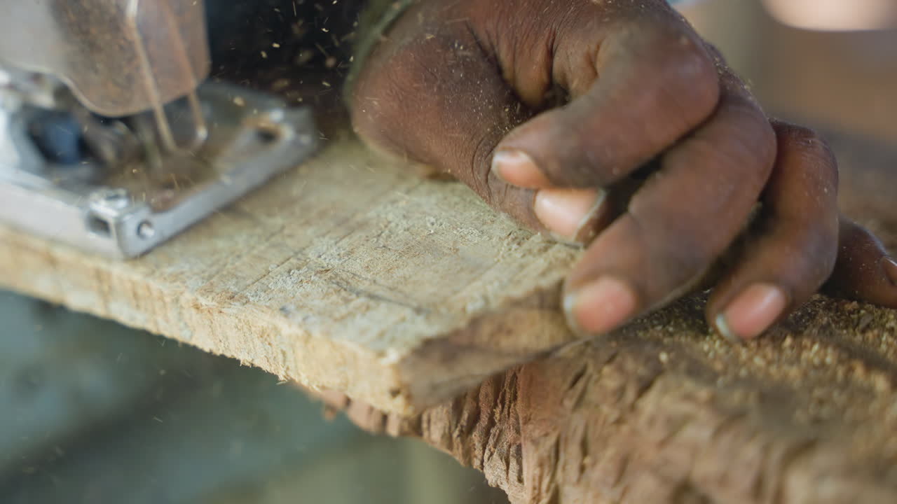 Close up hands cutting plank with jigsaw, carpentry powercut in workshop carpenter guiding electric blade along rough board, clamp securing timber, sawdust spray, strong grip and focused control