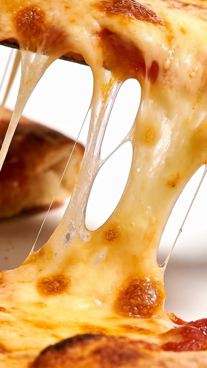 Video verticale: Tirando una fetta di pizza che allunga i fili di mozzarella al bancone, da un cameriere per il servizio