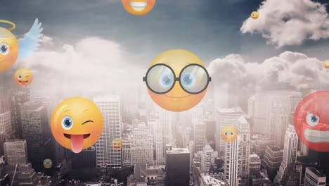 multiple face emojis floating over aerial view of cityscape