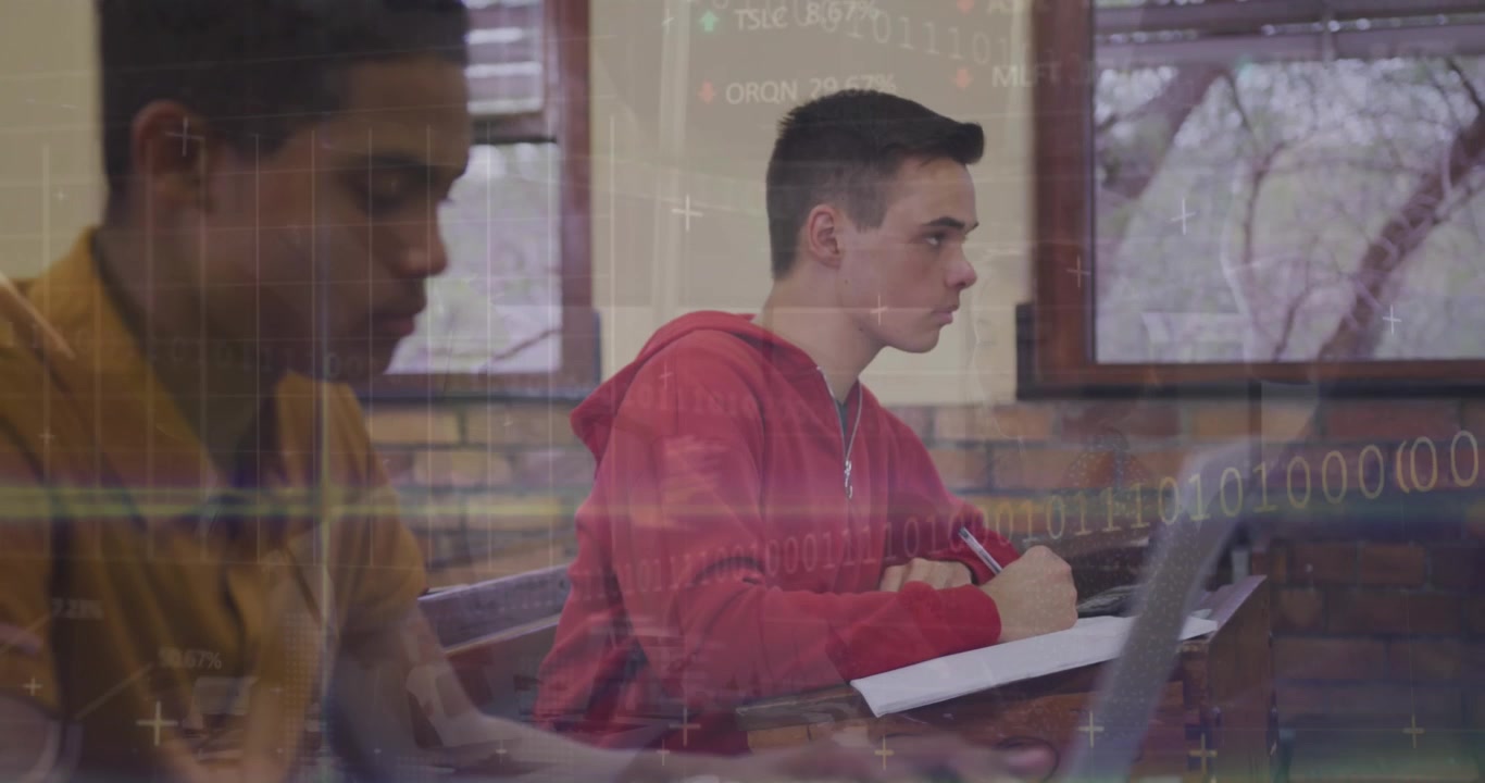 Animation of financial data processing and binary coding over diverse schoolchildren in class