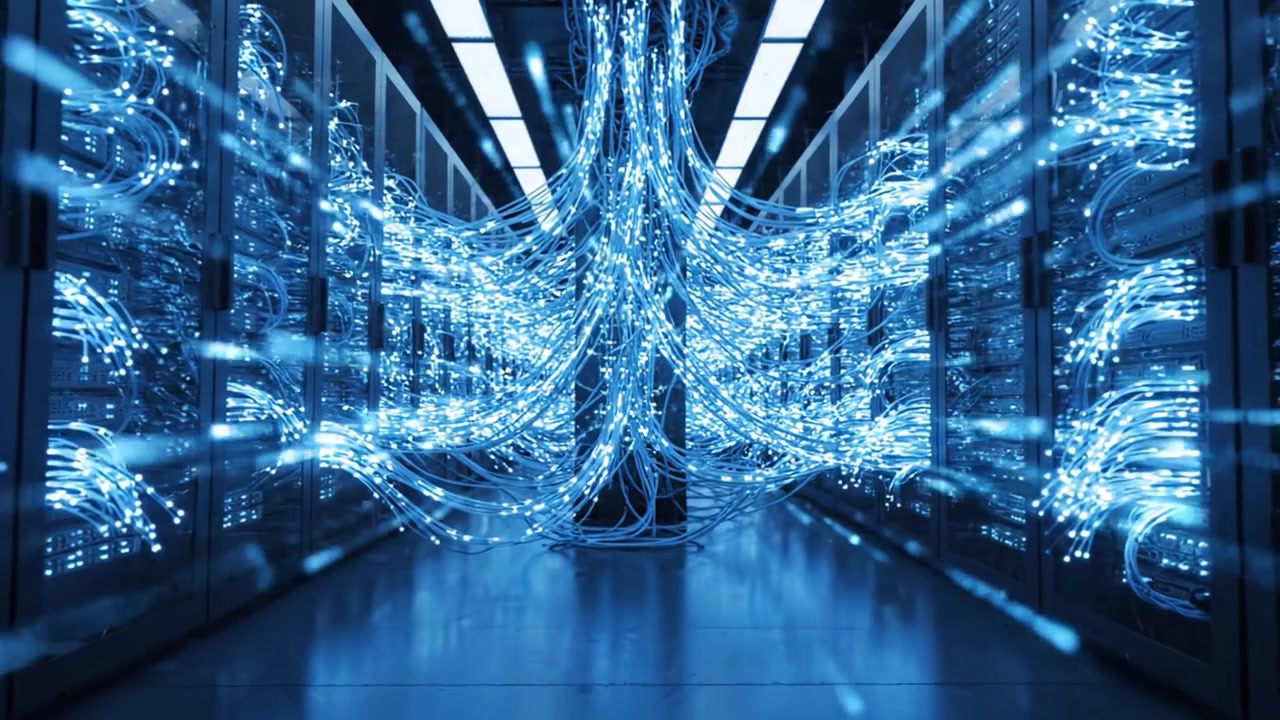 A mesmerizing view of a data center showcasing intricate blue LED-lit cables weaving through server racks, symbolizing advanced technology and connectivity.