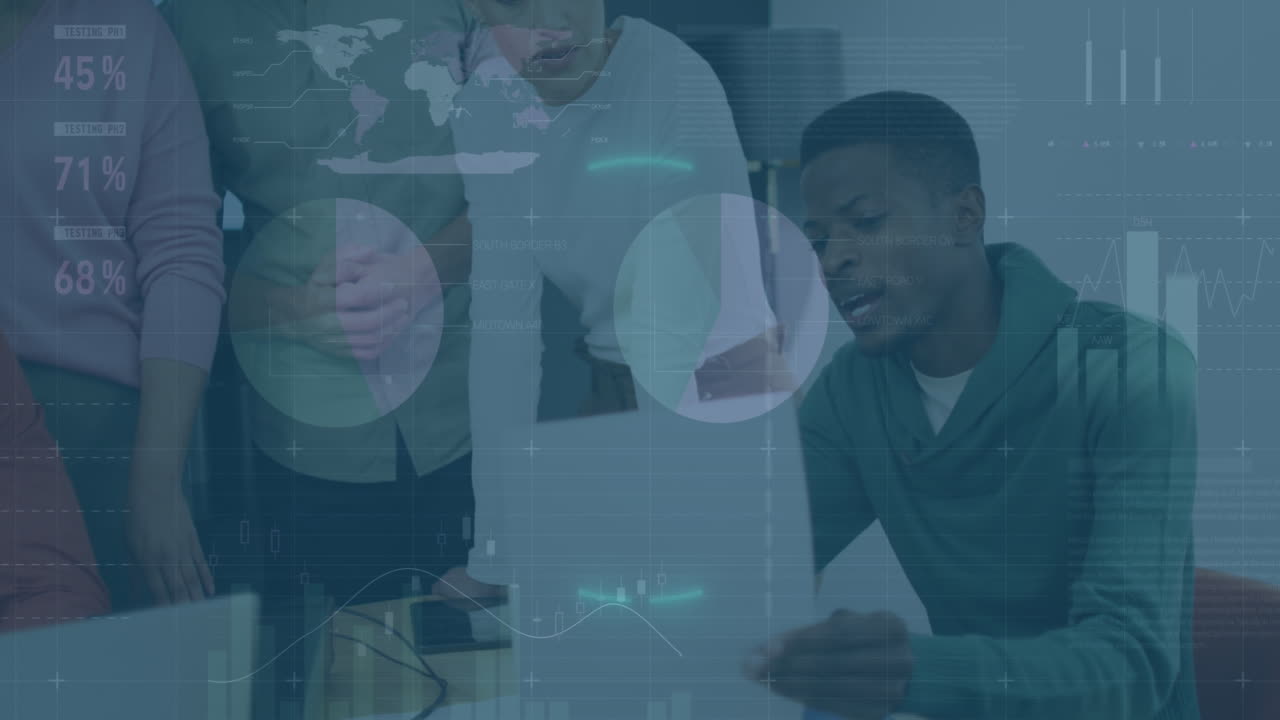 Animation of financial data processing over diverse business people in office
