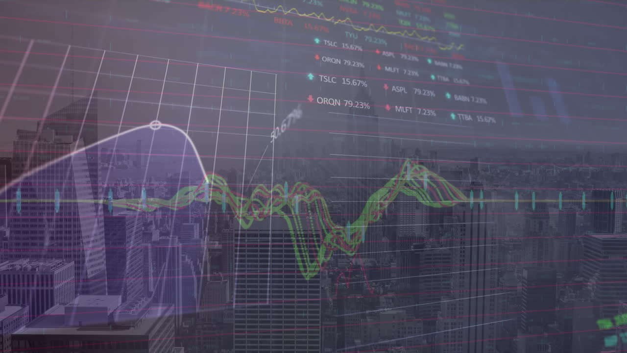 animación del procesamiento de datos financieros sobre el paisaje urbano