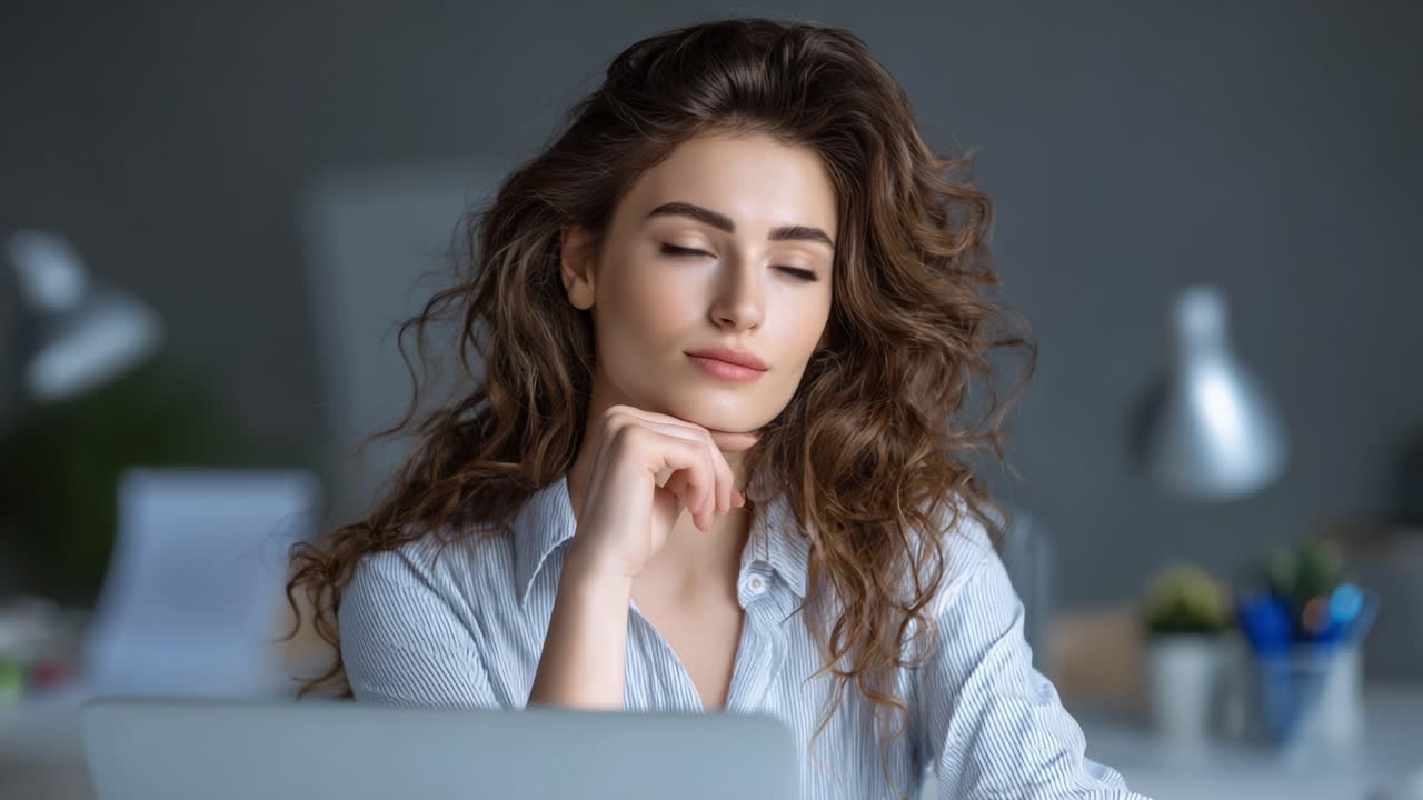 Thoughtful Young Woman with Curly Hair in a Modern Workspace, Contemplating Ideas at Her Laptop While Exuding Confidence and Poise