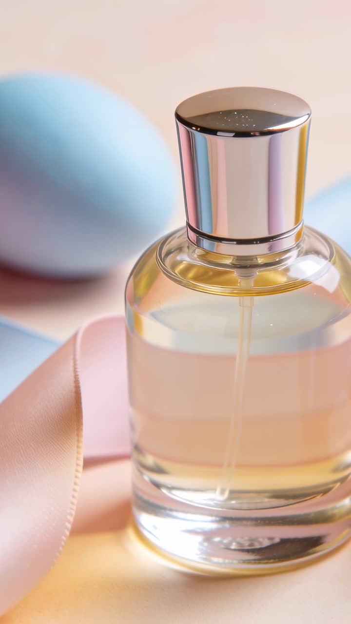 Flacone di profumo in vetro poggiato su tavolo color pesca, che mostra tappo argentato, tubicino pescante, nastro rosa, oggetti di scena blu