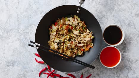 delicious fried rice with chicken in wok