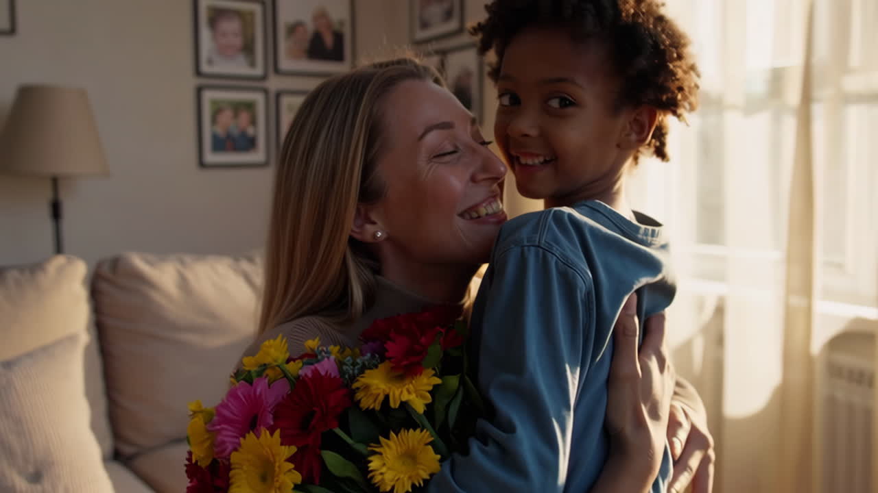 Child gifts mother flowers and shares an affectionate hug