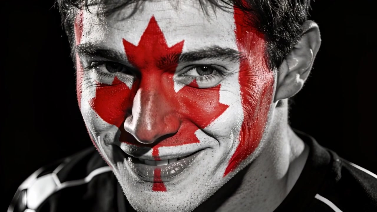 Uomo in maglia con pittura a bandiera canadese che reagisce, mantenendo lo sguardo e sorridendo mentre la telecamera inizia a registrare in studio.