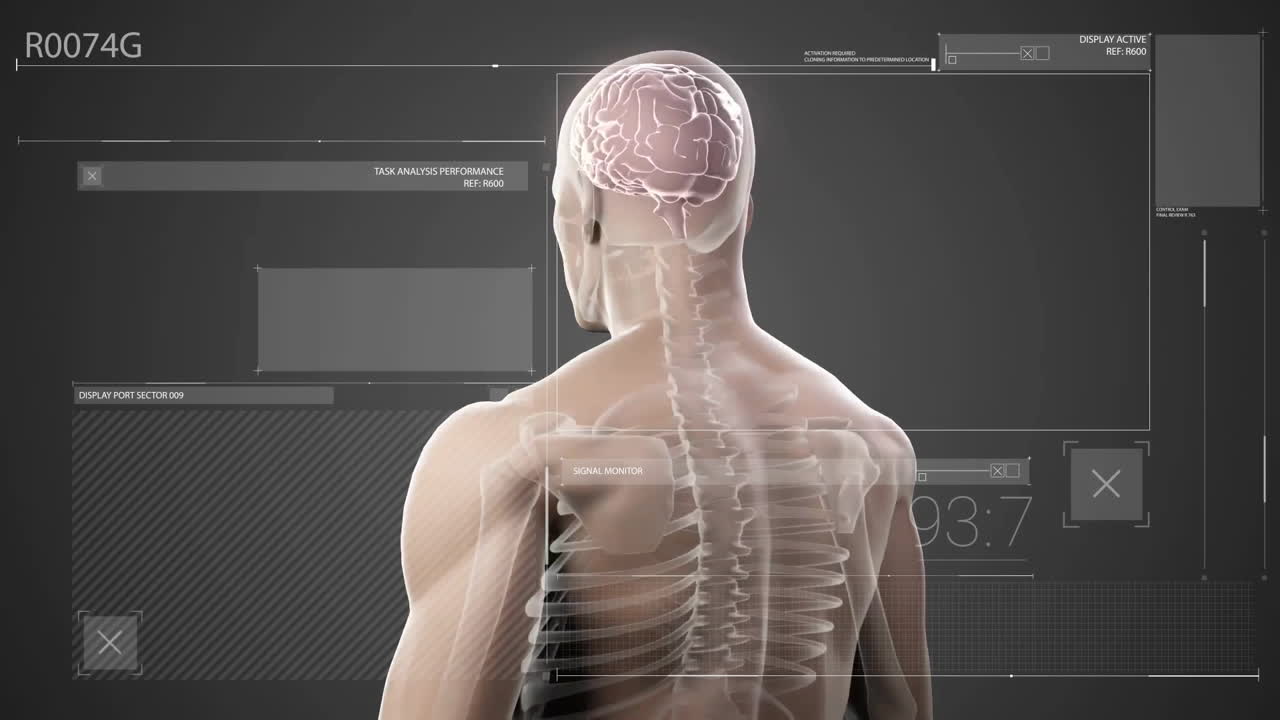 인체 위에서 디지털 데이터 처리의 애니메이션