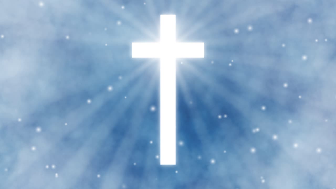 Glowing white cross surrounded by heavenly clouds and floating light particles, divine presence, spiritual awakening, christianity and religion